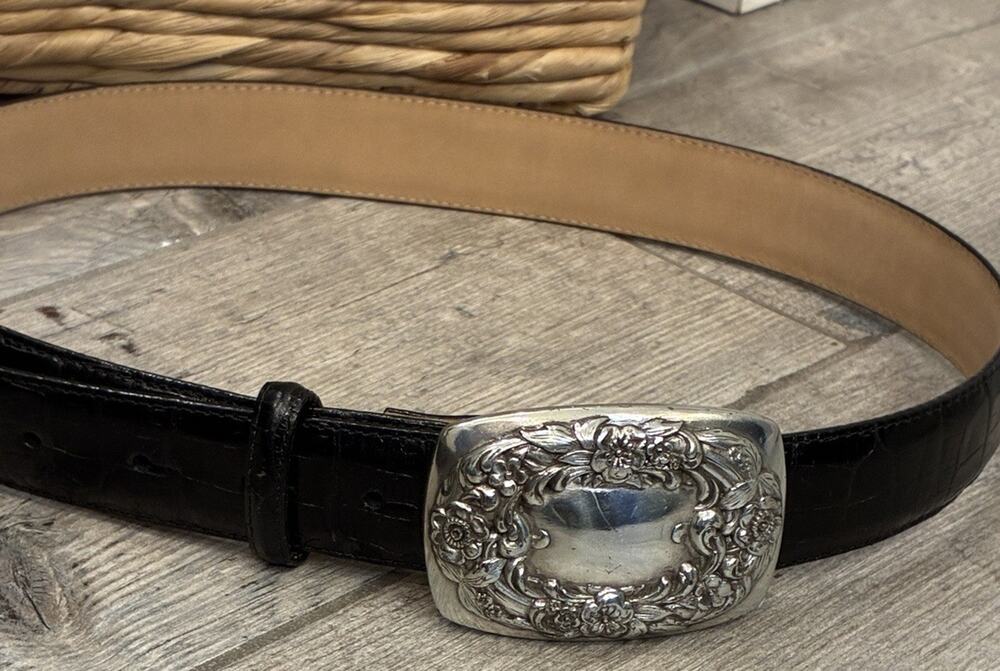 Vintage Brighton 1996 Black Croc Embossed Leather Floral Buckle Belt L 24003